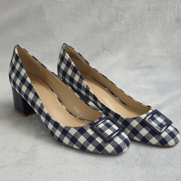 crown & ivy Shoes - Crown & Ivy Navy Gingham Block Heel Pumps Womens Size 9 Beckie Buckle Toe